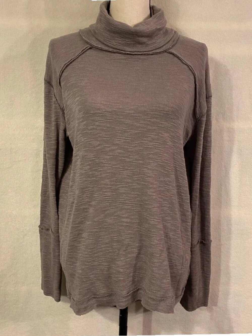Free People stone grey brown split back long sleeve turtleneck top
